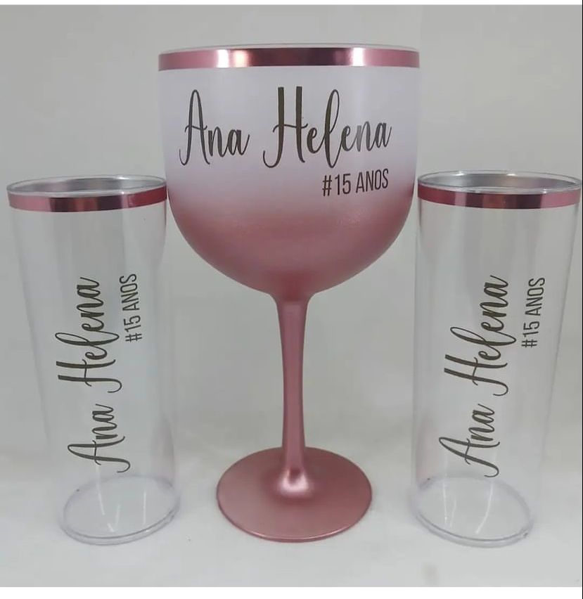 Personalized glassware for a 15th birthday celebration, featuring a goblet and two tumblers.
