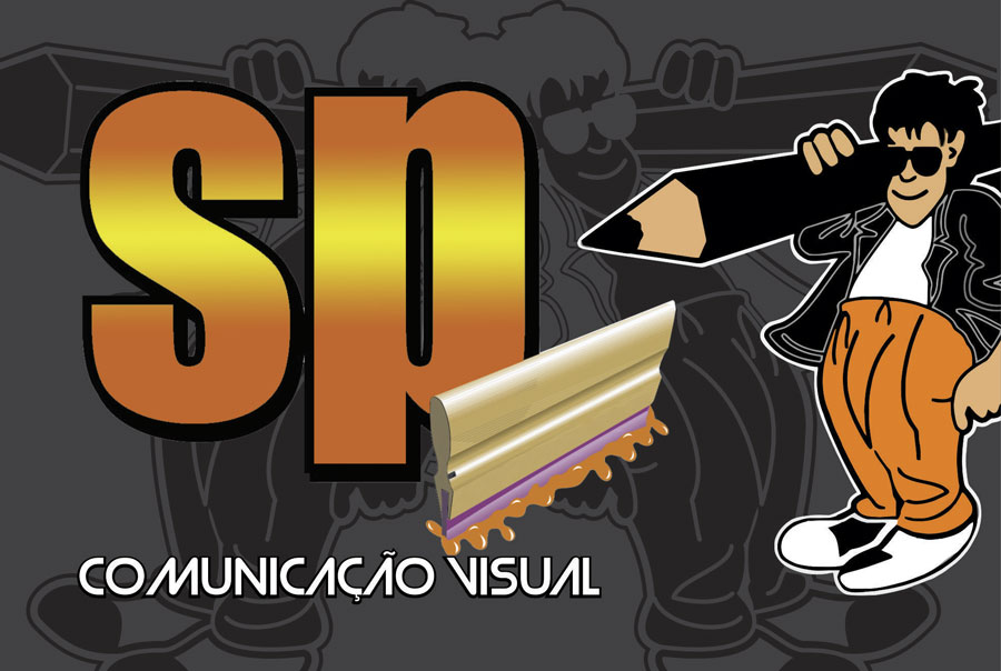 Graphic design featuring the SP logo, a squeegee, and a cartoon character with a pencil.
