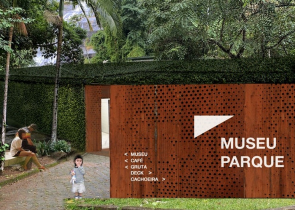 Entrance to a park museum with a rustic wooden facade and lush greenery.