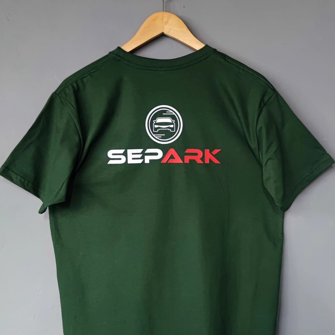 A dark green t-shirt with a white and red 'SEPARK' logo and a car icon.