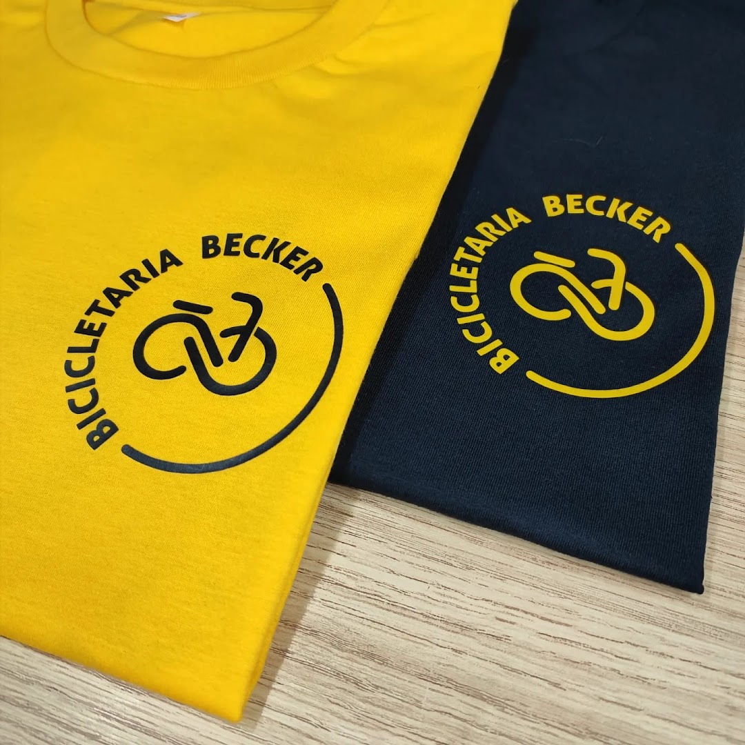 Two t-shirts, one yellow and one navy blue, with a black and yellow bicycle logo.