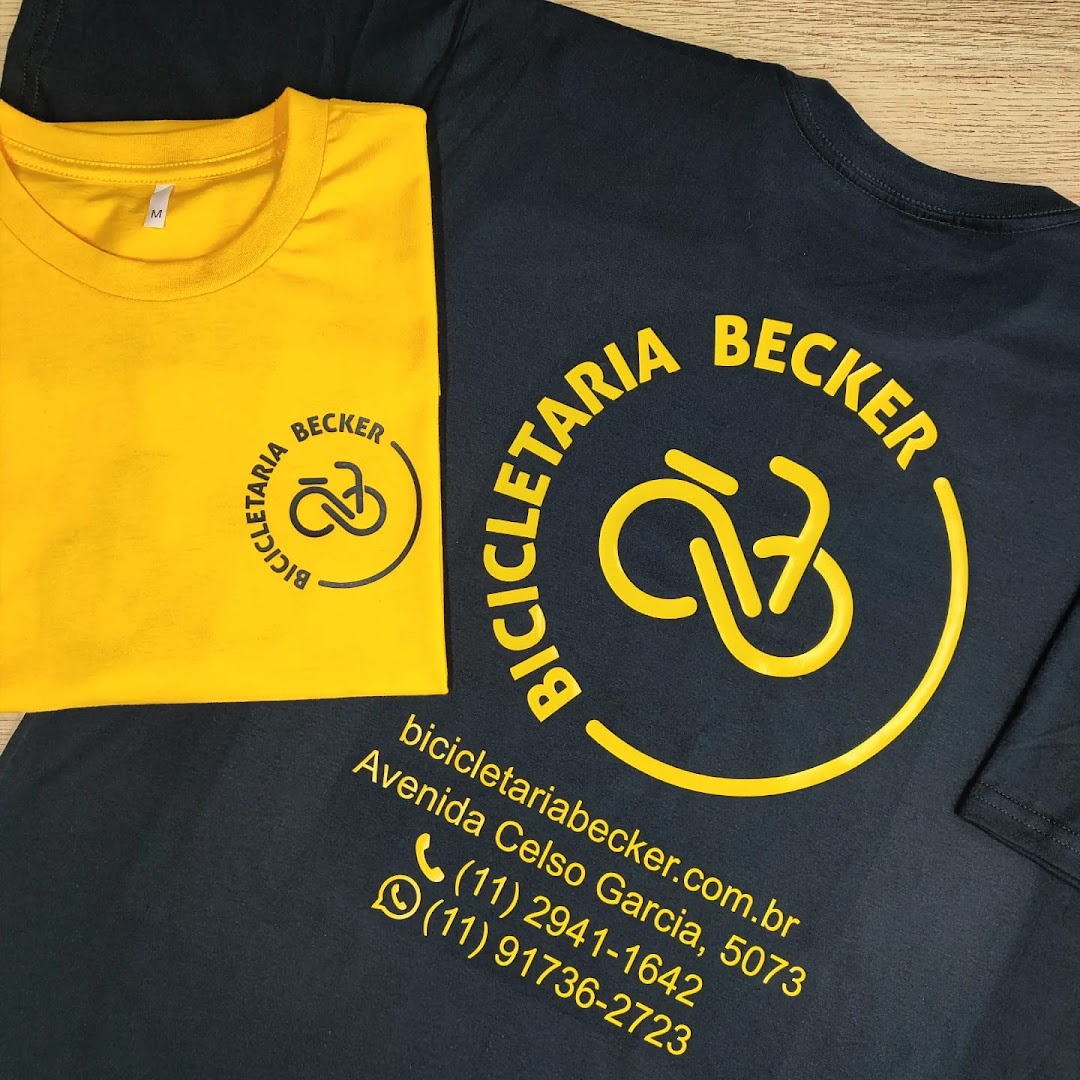 Two t-shirts, one yellow and one dark blue, with custom printing for a bicycle shop.