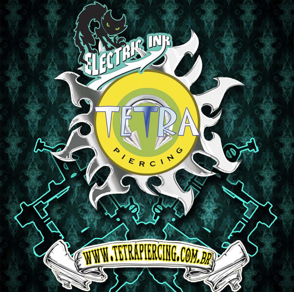 Logo for Tetra Piercing featuring a stylized sunburst with the shop name and website.