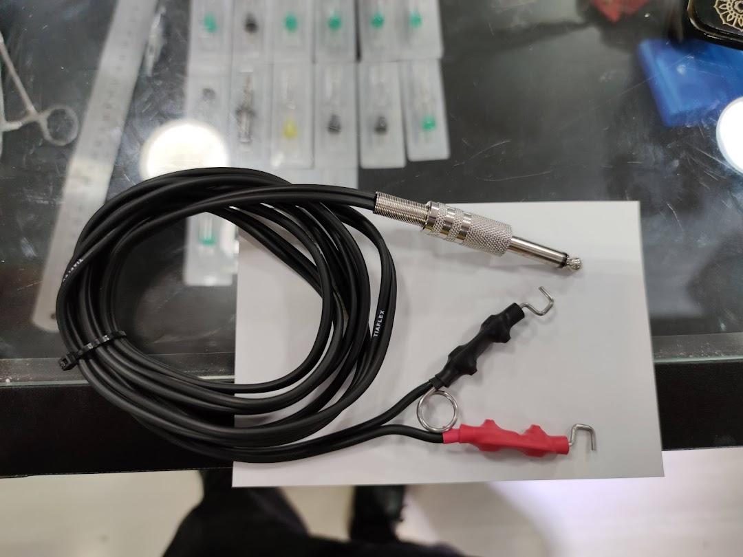 A black cord with clips and a jack connector, with piercing needles in the background.