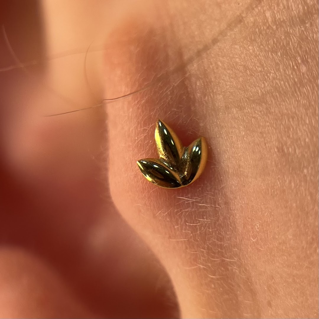 A close-up shot of a gold leaf-shaped stud earring on a person's earlobe.