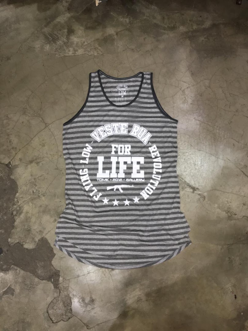 A grey and white striped tank top with 'Veste Rua For Life' graphic.