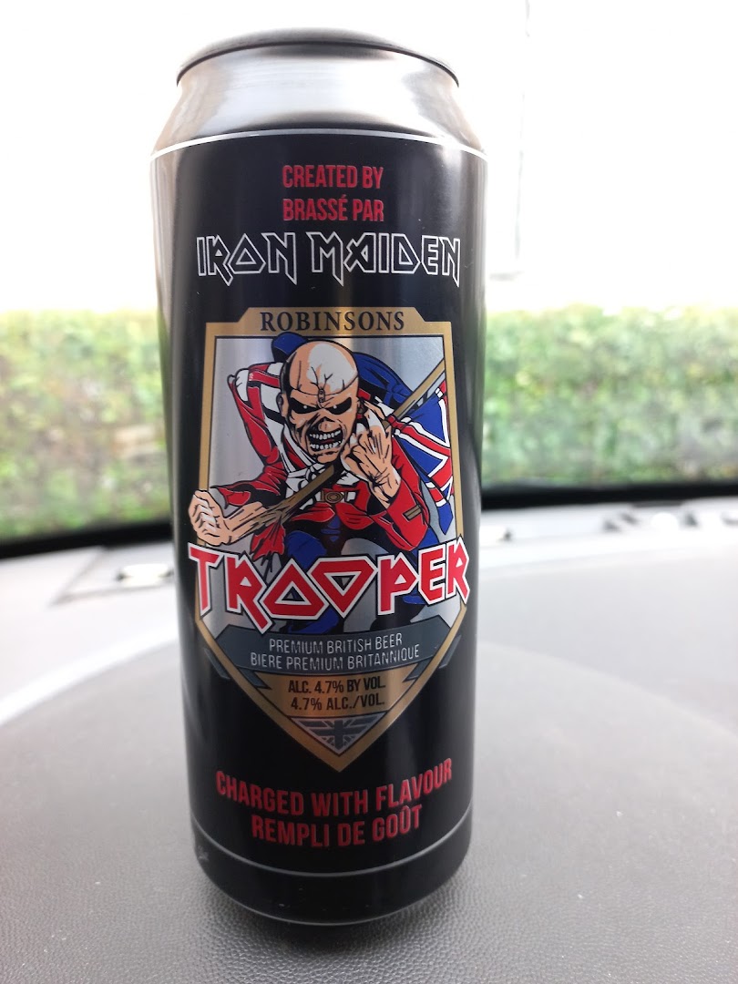 A can of Iron Maiden Trooper Premium British Beer with the band's mascot.